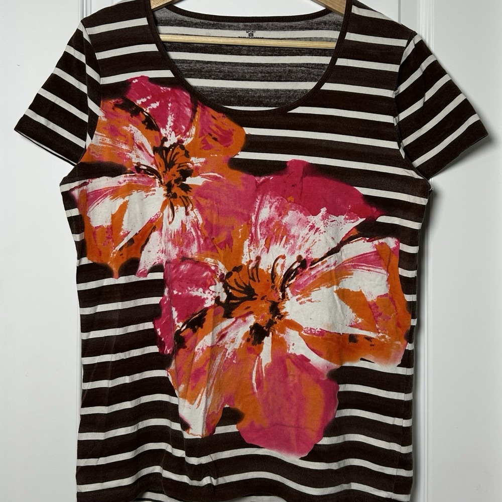 Jones New York Sport Vintage Stripe Tropical Graphic T-Shirt Tomato Girl Style
